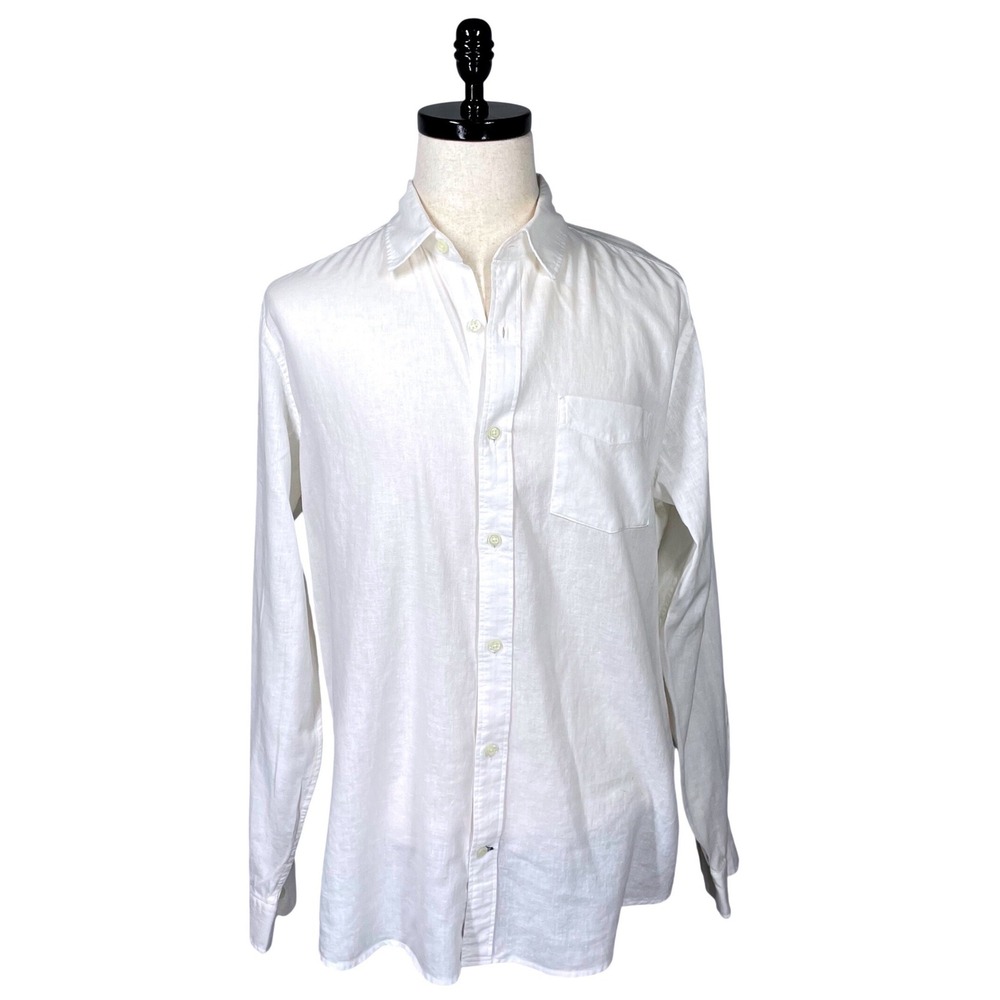 Mens Gap White Linen Lg Sleeve Button Shirt Size L Pocket Breathable Lightweight